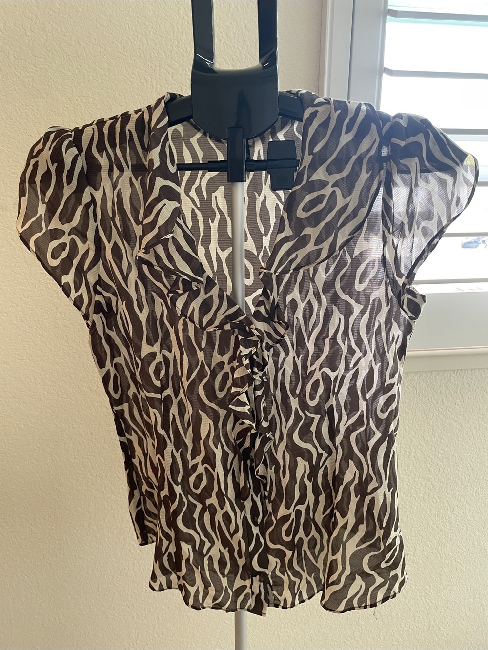 Banana Republic Brown & Cream Sheer Animal Print Ruffle Front Blouse